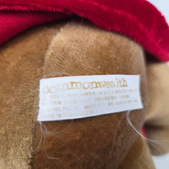 1992 Commonwealth Brown Teddy Bear 16" Plush Christmas Red White Outfit Vest Hat - Picture 6 of 6